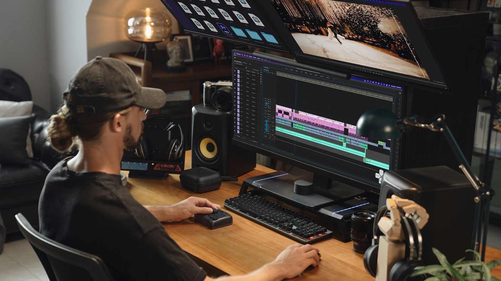 A video editor color-grading a project on a dual-monitor home studio setup